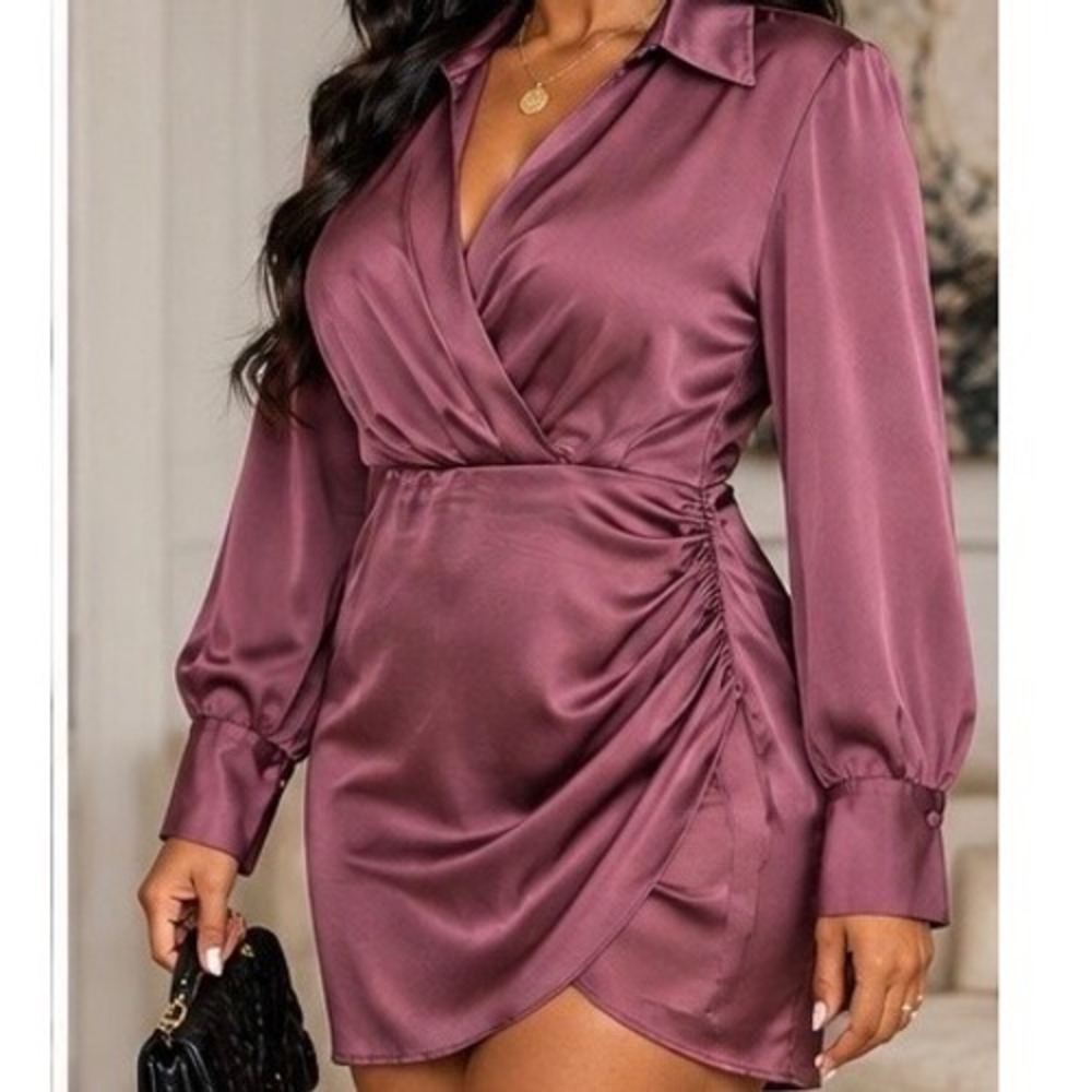 Zara Women Mini Dress Plum Satin Wrap Long Sleeve Small Draped Cocktail 9492/650